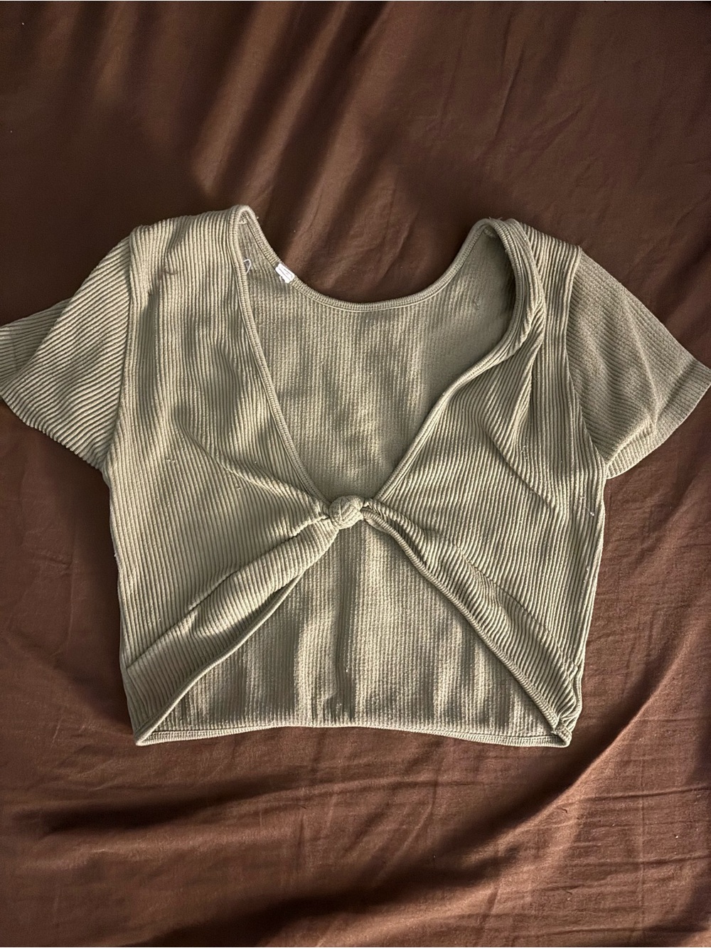 Aeropostale Sage Green Ribbed Knot-Front Crop Top